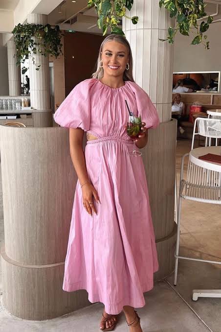 Aje / Capucine Puff Sleeve Midi Dress / Bon Bon Pink