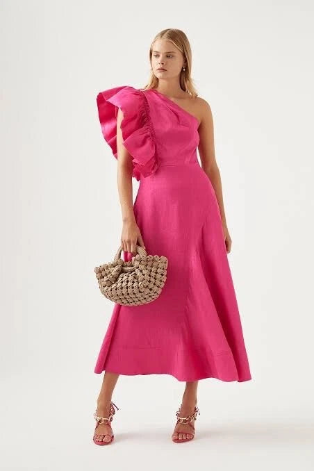 Aje / Bonjour Asymmetrical Midi Dress / Fuchsia