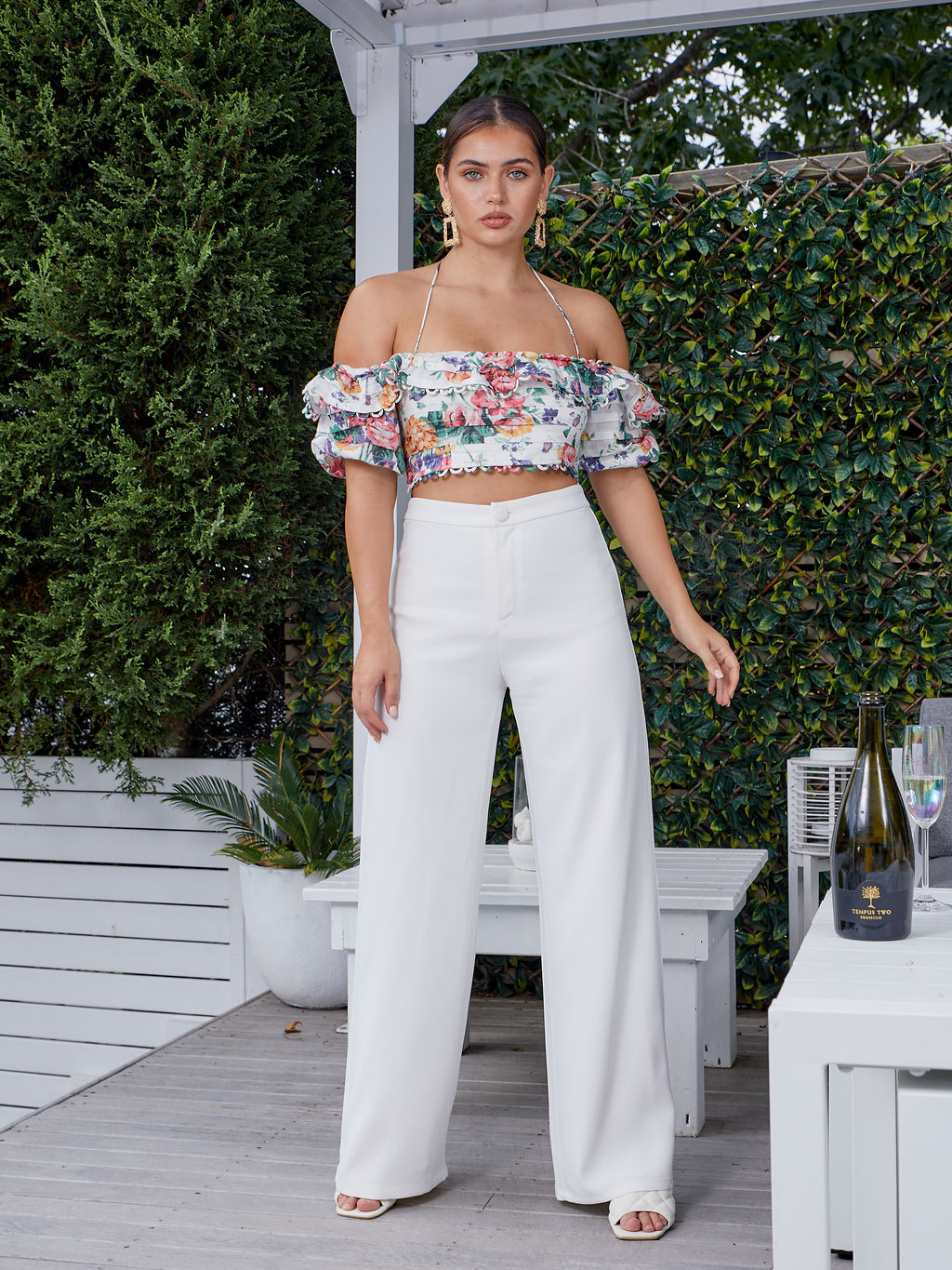 Allia Floral Top with White Pants Set/ Zimmermann and Bianca & Bridget