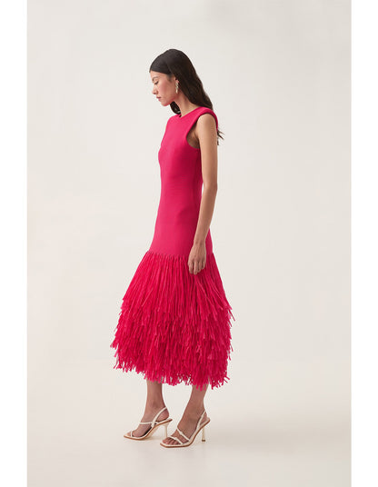 Aje / Rushes Raffia Knit Midi Dress / Deep Fuchsia