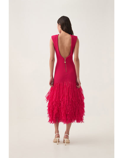 Aje / Rushes Raffia Knit Midi Dress / Deep Fuchsia