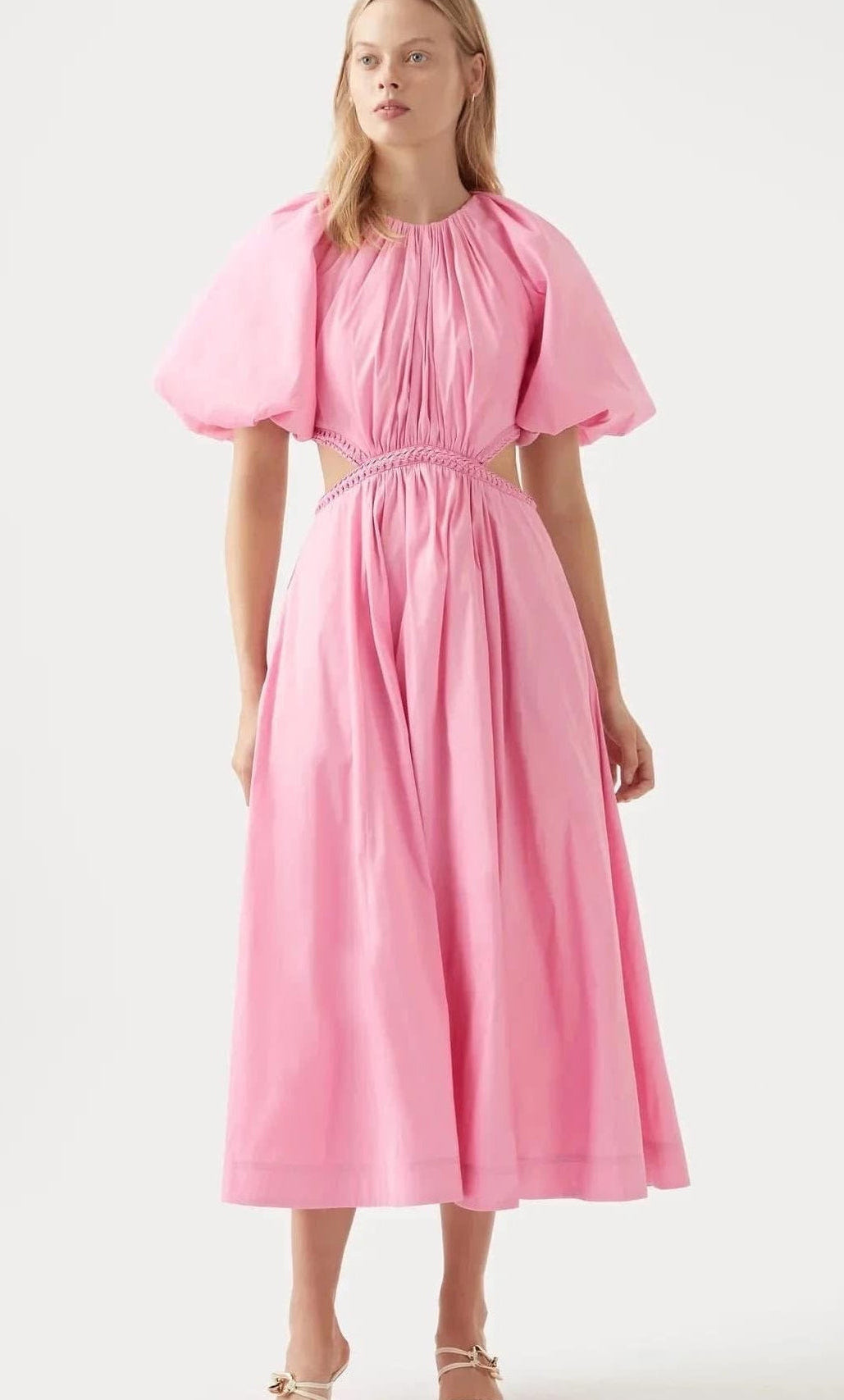 Aje / Capucine Puff Sleeve Midi Dress / Bon Bon Pink