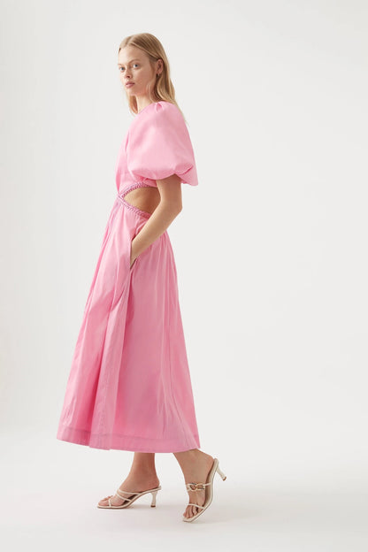 Aje / Capucine Puff Sleeve Midi Dress / Bon Bon Pink