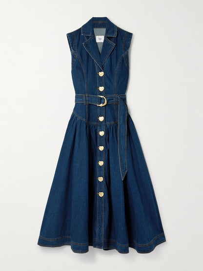 Aje / Elena Belted Denim Midi Dress / Dark Classic Wash
