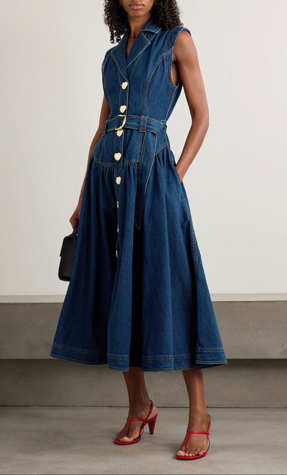 Aje / Elena Belted Denim Midi Dress / Dark Classic Wash