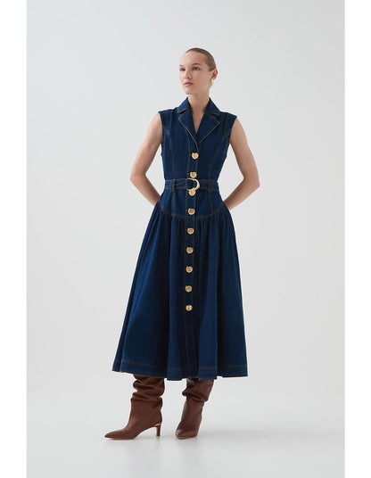 Aje / Elena Belted Denim Midi Dress / Dark Classic Wash