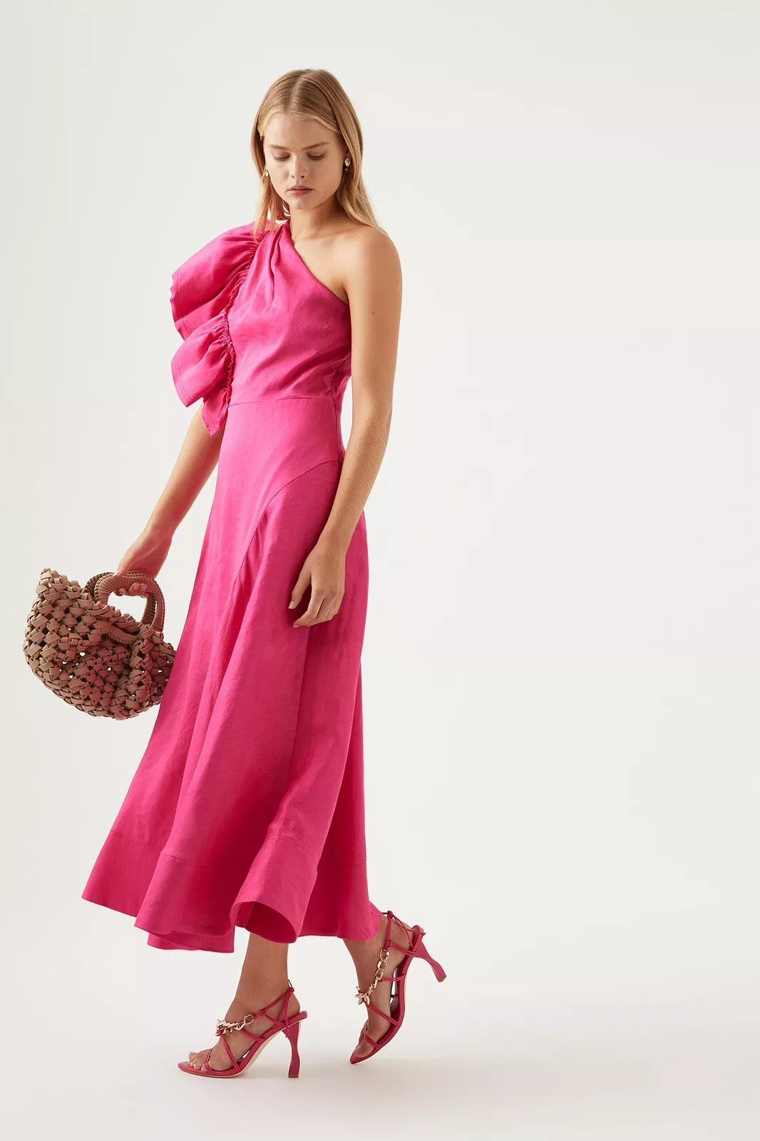 Aje / Bonjour Asymmetrical Midi Dress / Fuchsia