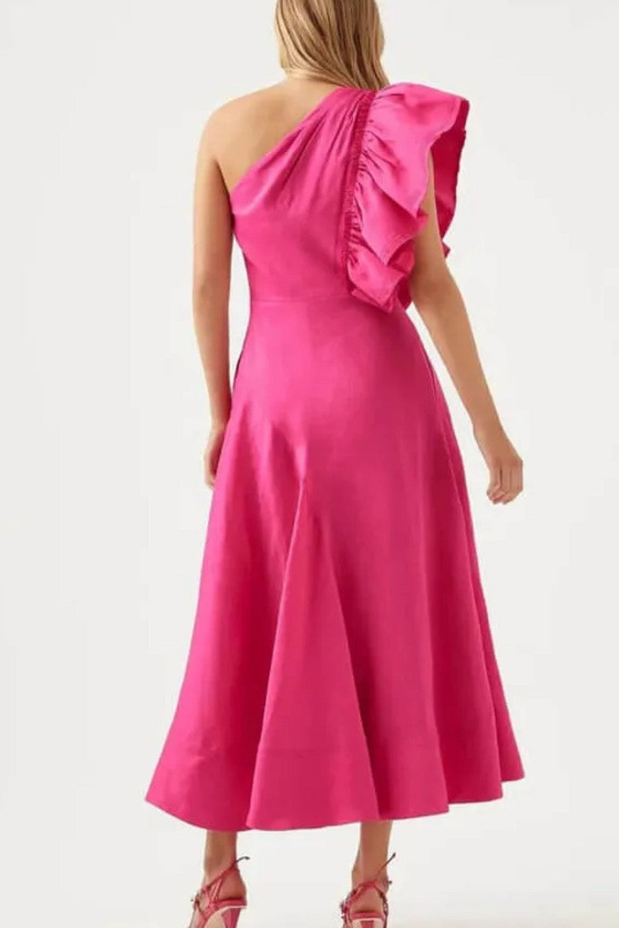 Aje / Bonjour Asymmetrical Midi Dress / Fuchsia
